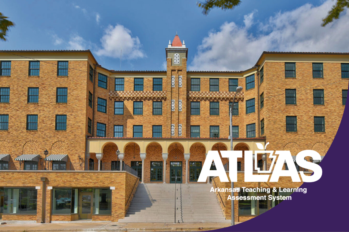Exterior shot of the School for Advanced Studies in Rogers, Arkansas, with the ATLAS logo overlayed in the corner