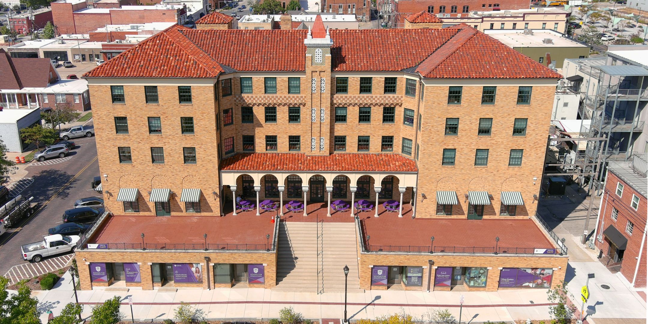 Aerial view of the former Lane Hotel in downtown Rogers, AR